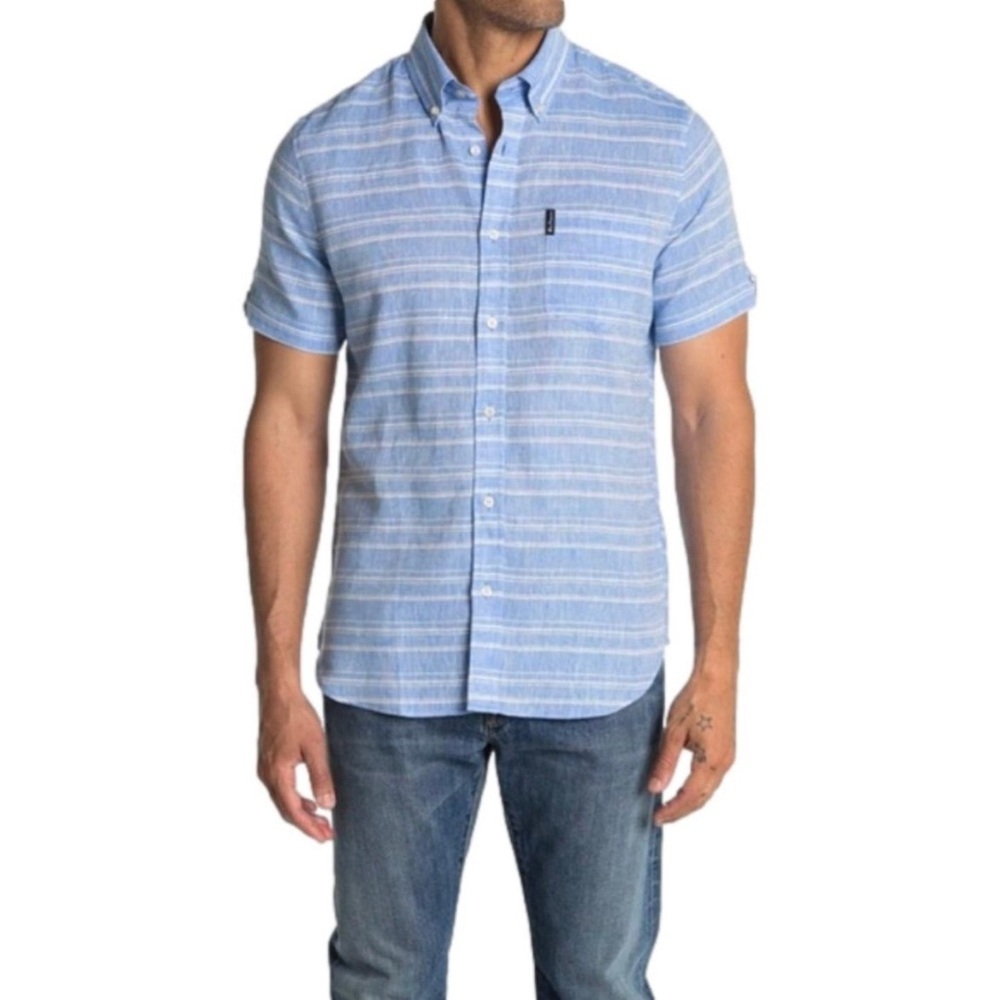 BEN SHERMAN Short Sleeve Stripe Print Linen Regular Fit Shirt, Blue/White, Small